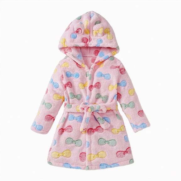 Kids Boys Girls Coral Fleece Bathrobe,Soft Plush Hooded Robe with Adjustable Belt,Cute Cartoon Print,for Boys Girls Toddlers 2-12T,Warm Loungewear Shower Robe Kids Pajamas,Hot Pink,Size 6-7T