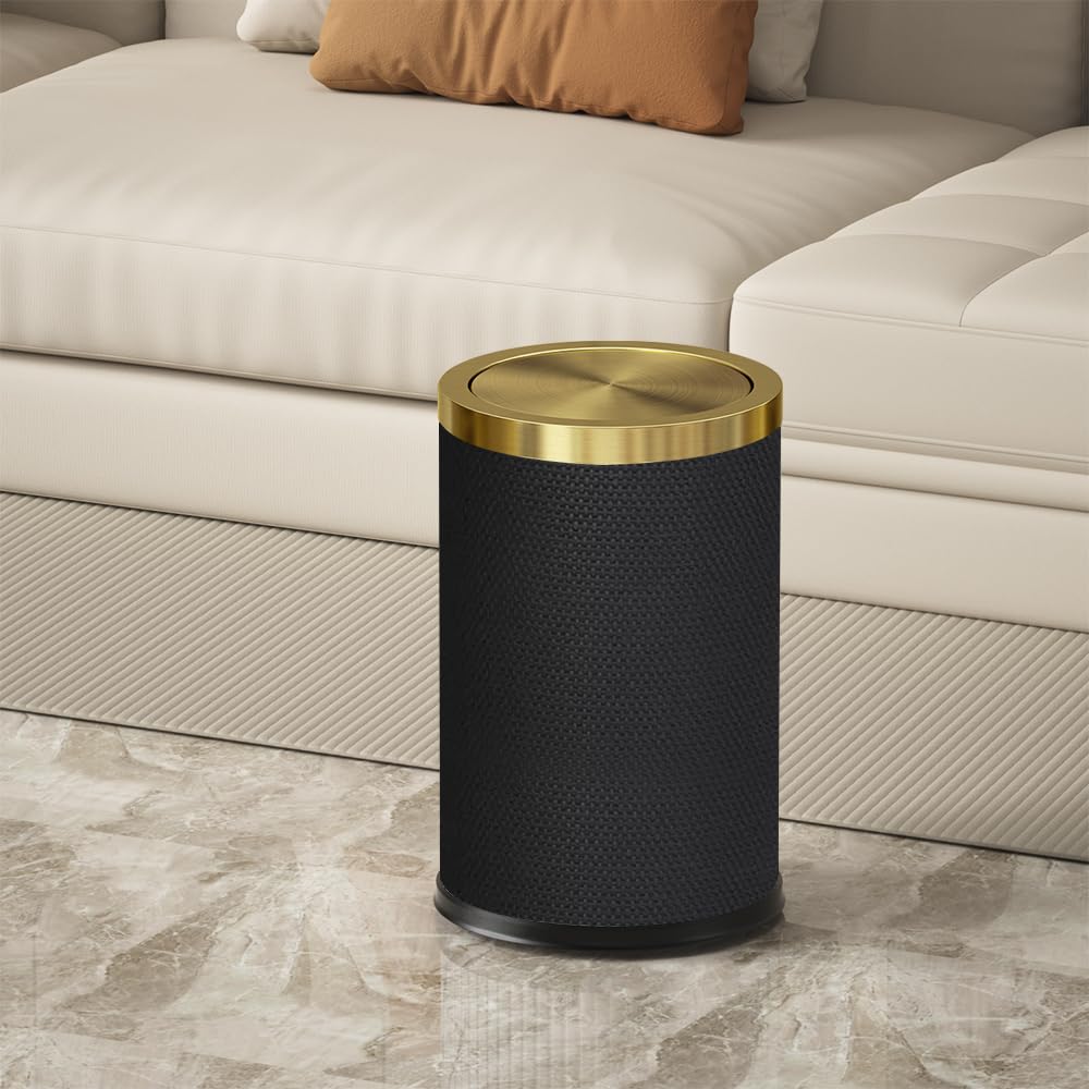 2.4 Gallon Bathroom Trash Can with Lid, Pu Leather Modern Garbage Can, Round Decorative Waste Basket, for Near Desk, Powder, Bedroom, Hotel, Office, Home