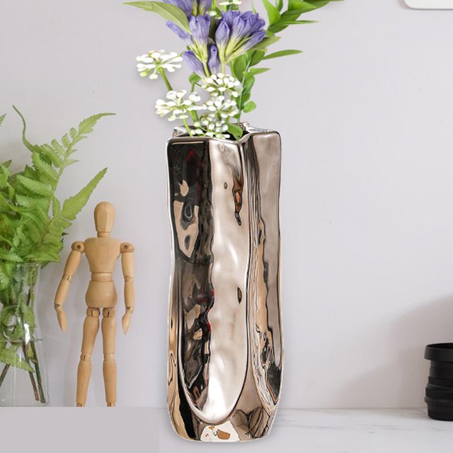 Jarrón de Cerámica, Florero Moderno, Contenedor para Arreglos Florales, Florero Minimalista Decorativo, Florero Creativo para Escritorio de Dormitorio Plateado