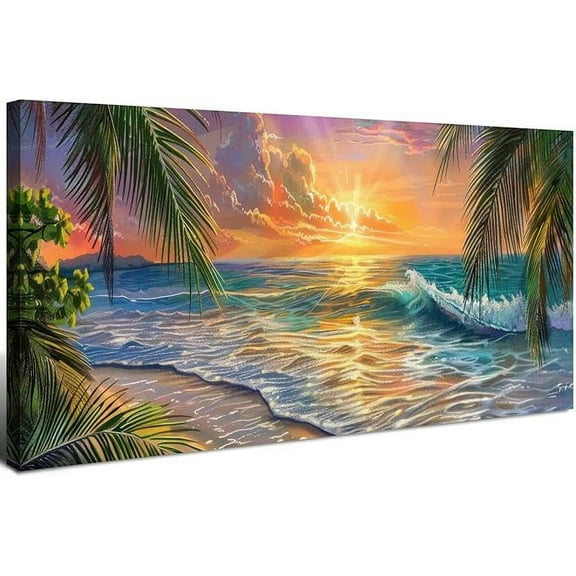 Sunset Beach Wall Art for Bathroom Watercolor Coastal Wall Decor Ocean Seascape Canvas Prints Pictures Nature Ocean Waves Landscape Painting Artwork for Living Room