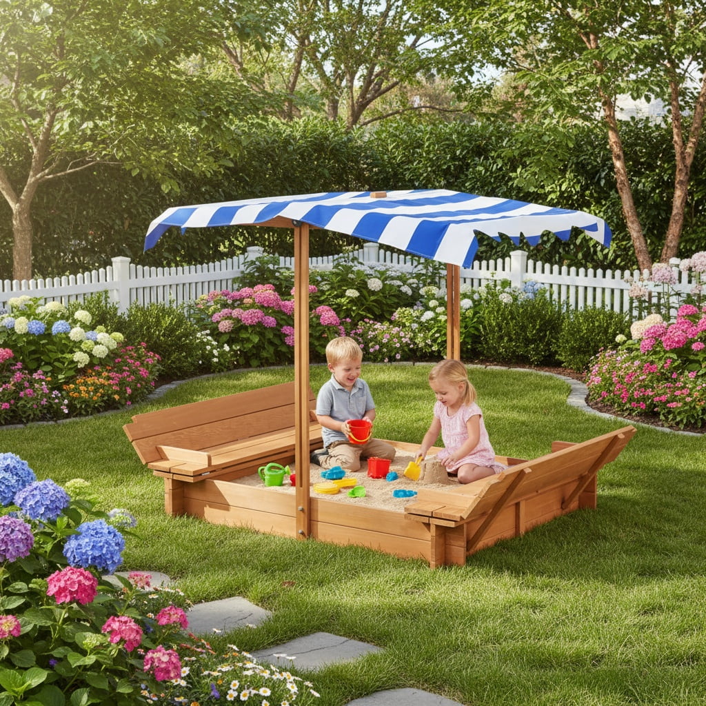 Kids Sandbox with Adjustable Canopy, 46'' Wooden Sand Box with 2 Foldable Bench Seats, Outdoor Cedar Sandpit for Backyard Play