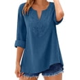 thumbnail image 3 of Women's Cotton Linen 3/4 Sleeve V Neck Lace Blouse Loose Fit Casual, 3 of 8