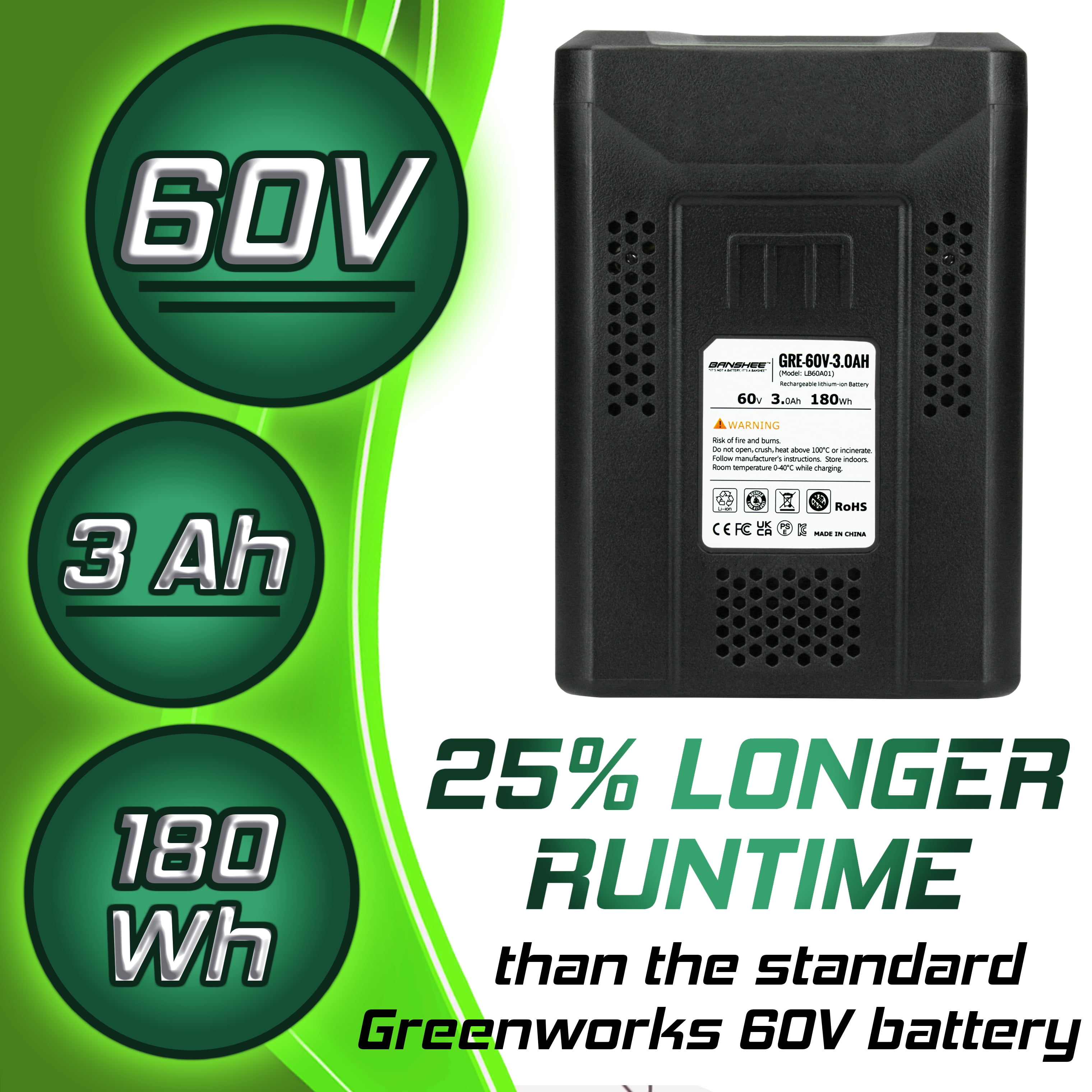 Lithium Replacement Battery Compatible With All Greenworks 60V OEM Tools & Chargers