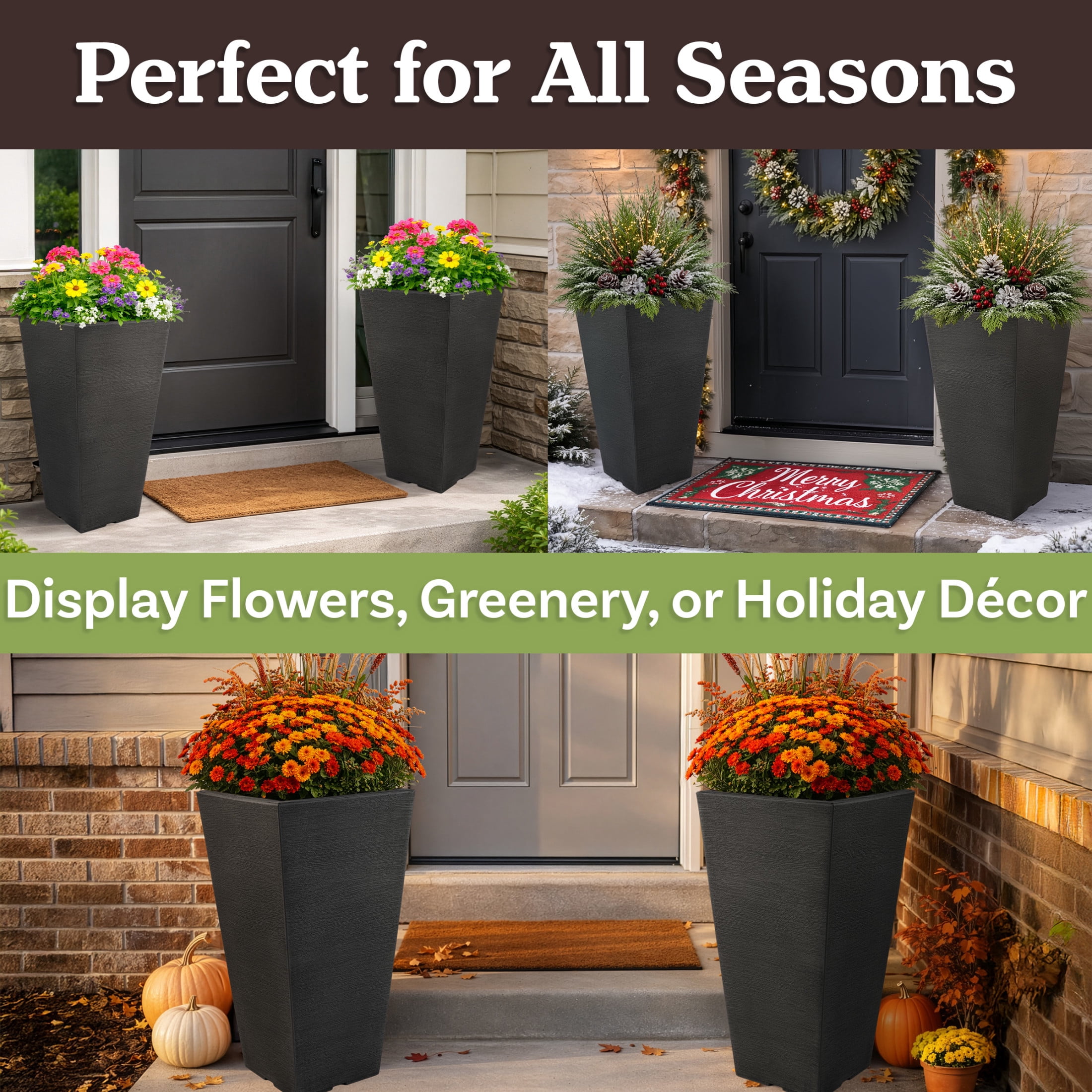 Pure Garden Large Outdoor Planters 2-Pack - 22.4” Tall Planters for Outdoor Plants or Indoors, Gray