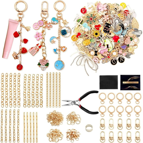 390 Charms Lip Gloss Keychain Making Kit, Including 20 Keychain Clips 25 Extender Chain 118 Charms Jewelry Plier, Bag Charm Kit, Keychains Making Supplies for DIY Crafting and Jewelry Making
