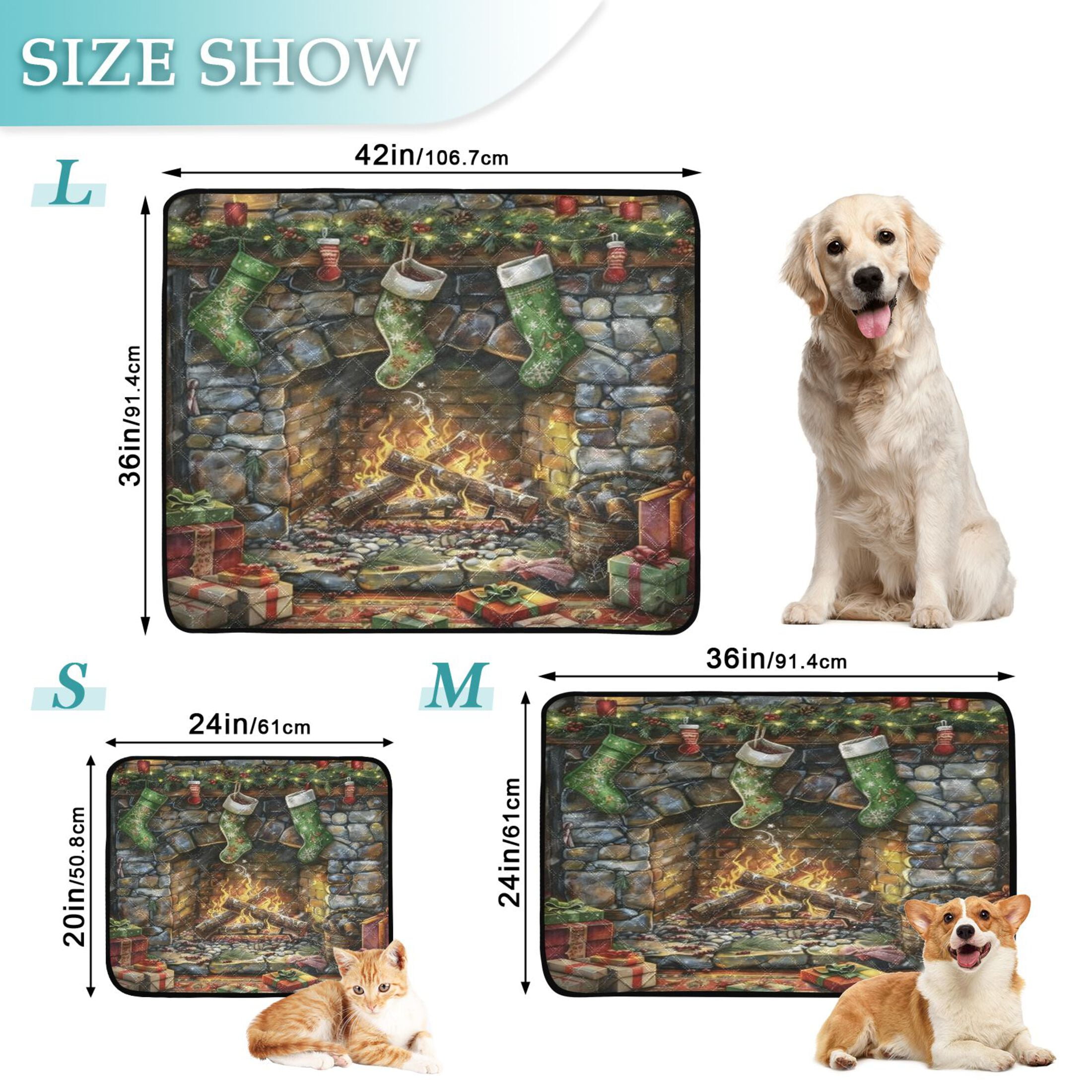 Qxltty Christmas Fireplace Cat litter Pads Pet Set of 2 Diaper Mats Center Anti-leakage Layer Absorbent Soft and Comfortable