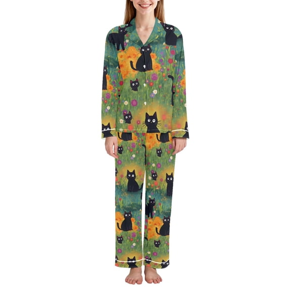 FORMRS Womens Pajama Set Long Sleeve Top and Pants with Pockets Soft Comfy Lounge Sleepwear, Sizes S-2XL, Floral Black Cats Pattern