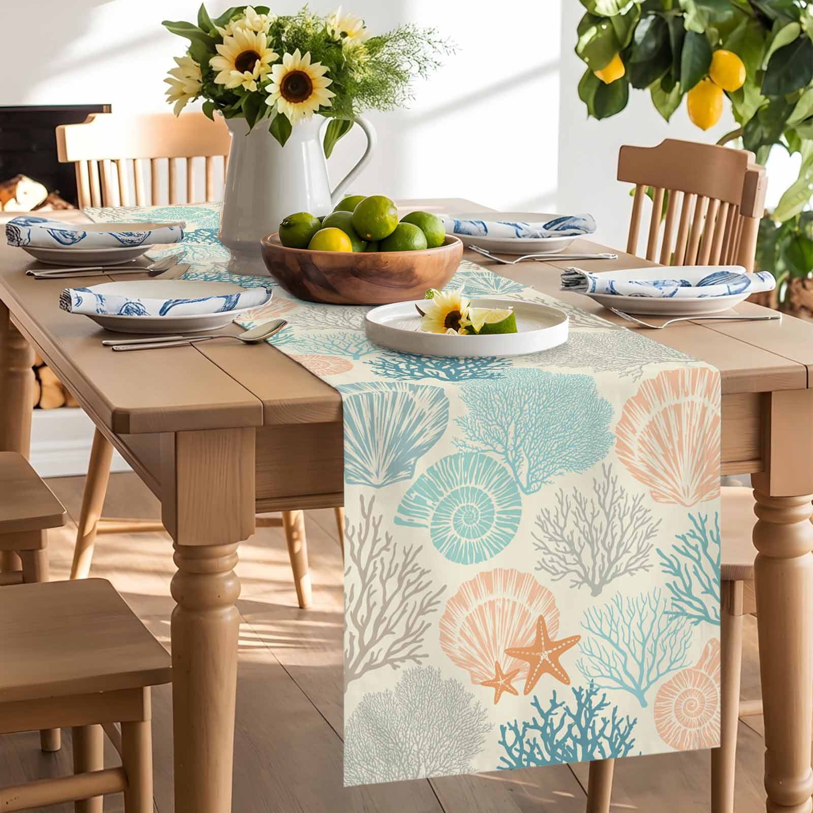 Ocean Coral Shell Conch Starfish Table Runner 90 Inches Long, Retro Underwater World Table Runners Tabletop Scarf Kitchen Dining Tables Decoration for Home Party Indoor Outdoor