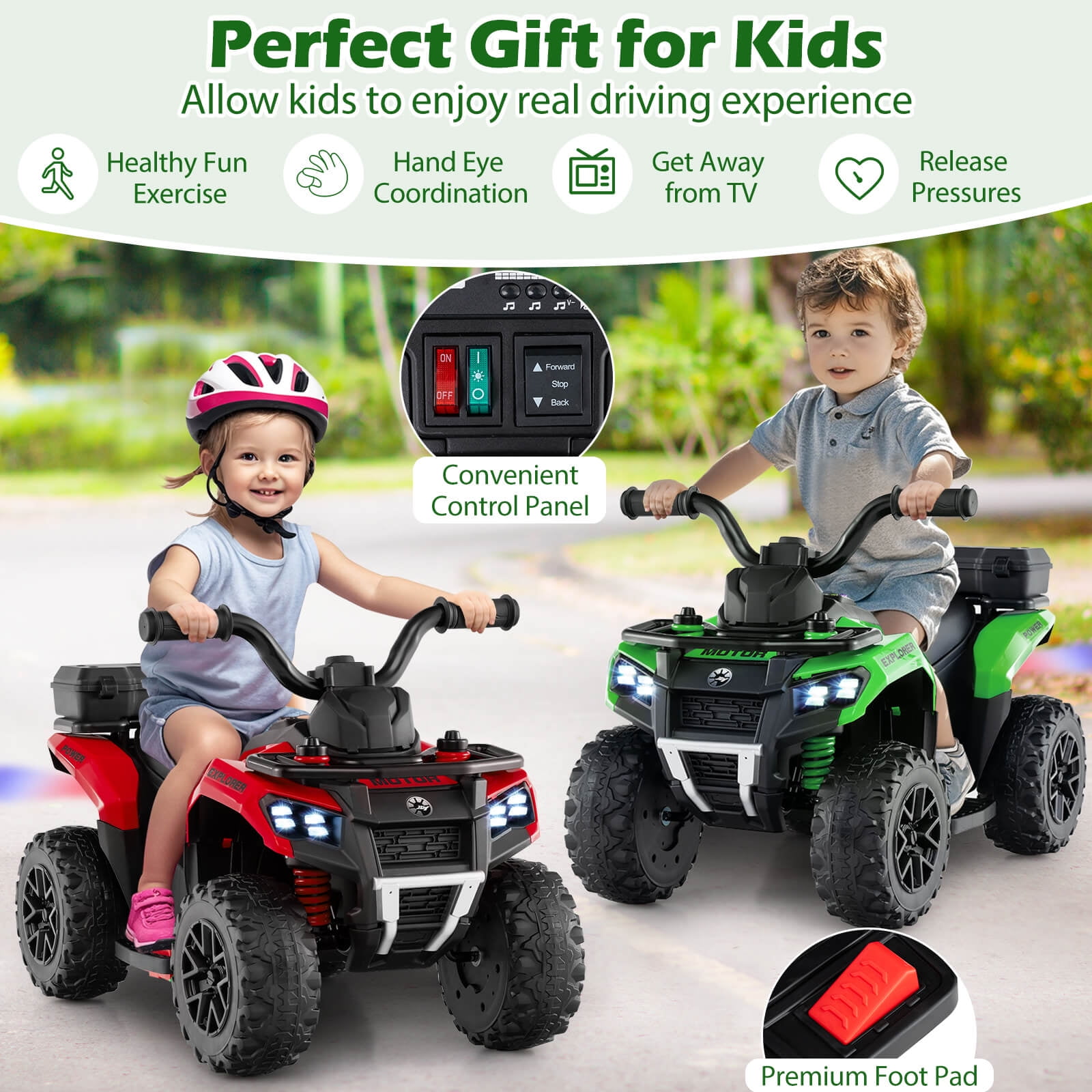 Infans 6V Kids Ride On ATV w/ Music & Spray Function USB Port Storage Box Toy Car