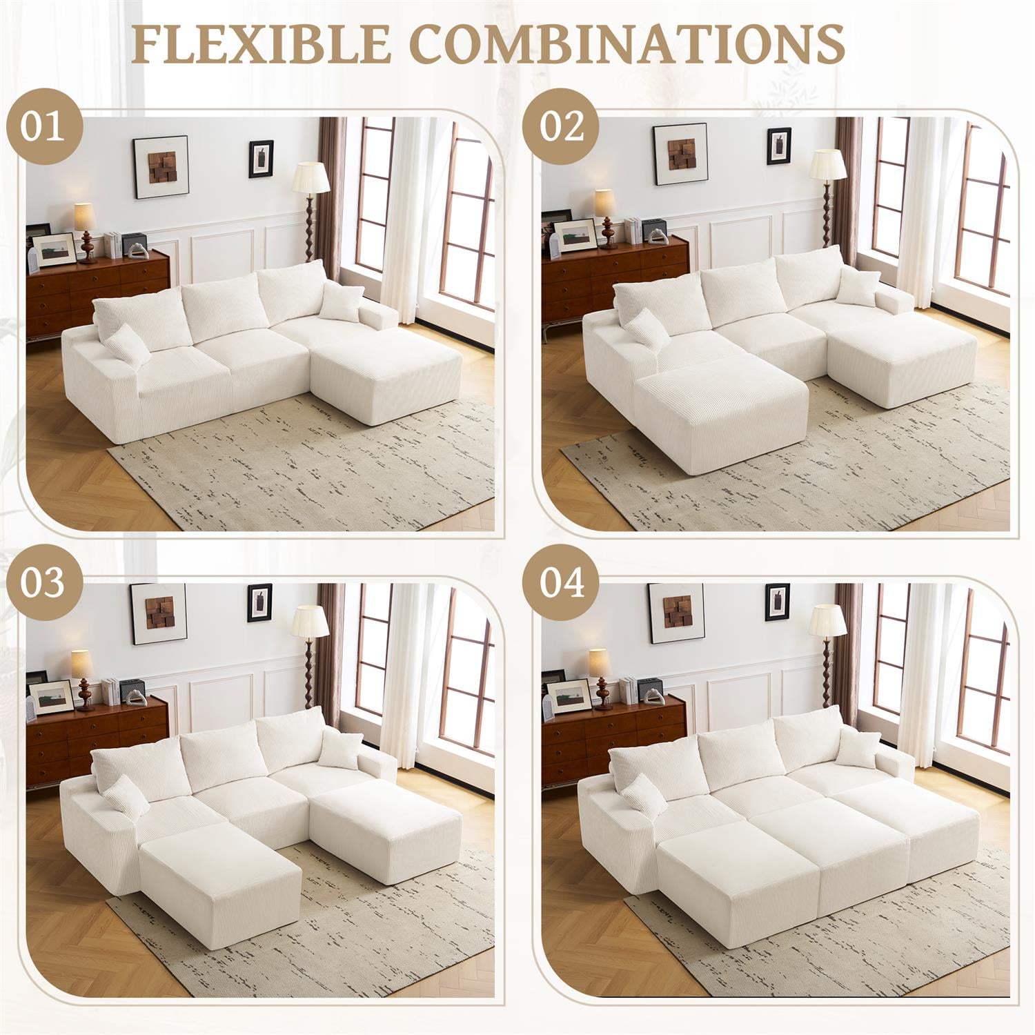 Demi Bonn 110" Ultra-Soft L-Shaped Sectional Sofa, Full-Compression 3-Seater Cloud Couch with 2 Chaise, Modular Deep Seat, No Assembly Required, Beige