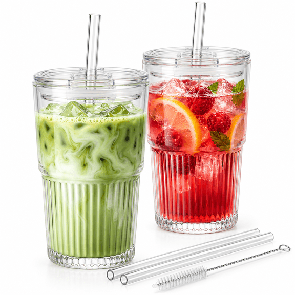16 oz Ribbed Glass Tumblers with Lids and Glass Straws – 2 PCS Glassware Set, Thickened Wall, Ideal for Iced Coffee, Smoothies, Cocktails, and Juices – Elegant and Durable Drinkware