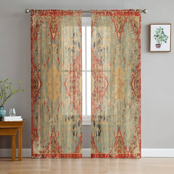 Red Beige Boho Sheer Curtains 84 Inches Long 2 Panels Set, Window Sheer Curtains for Living Room/Bedroom, Vintage Ethnic Tribe Abstract Art Light Filtering Rod Pocket Curtain 52'' x 84'' x 2