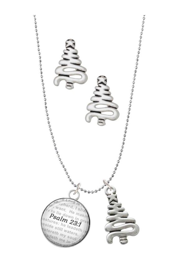 Silvertone Domed Psalm 23:1 Silver tone Zig Zag Christmas Tree Charm Necklace and Stud Earrings