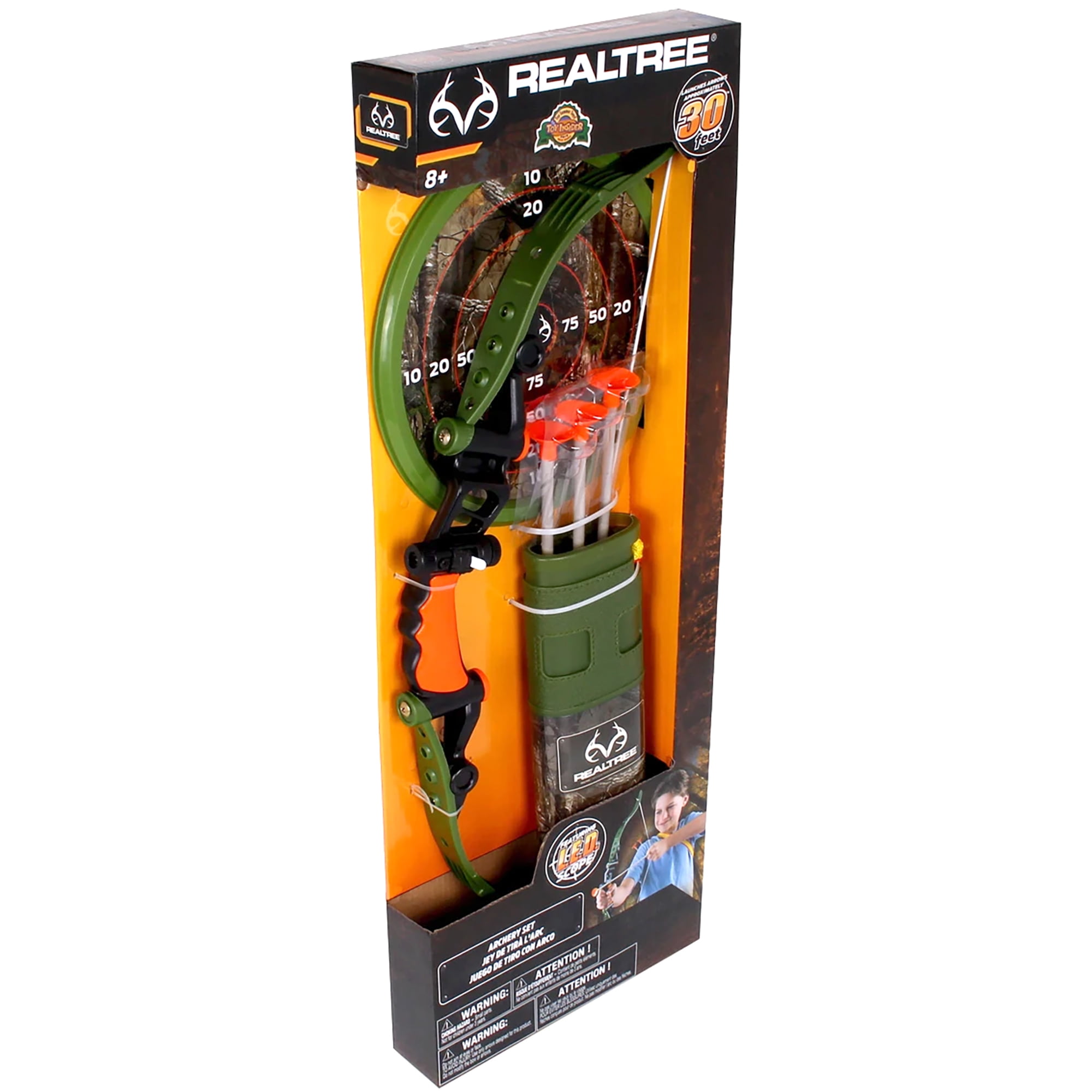 Realtree: Archery Set 25" Bow & Adjustable Quiver - Green/Orange NKOK, LED Scope, 3 Suction Tip Arrows & Target, Ages 8+ Each