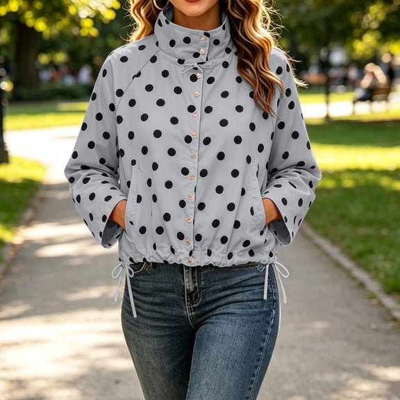QIYAGBSA Button Down Jackets for Women Soft Polka Dot Stand Collar Drawstring Hem Long Sleeve Lightweight Fall Casual Outerwear with Side Pockets Outerwear Jackets(Gray, 3XL)