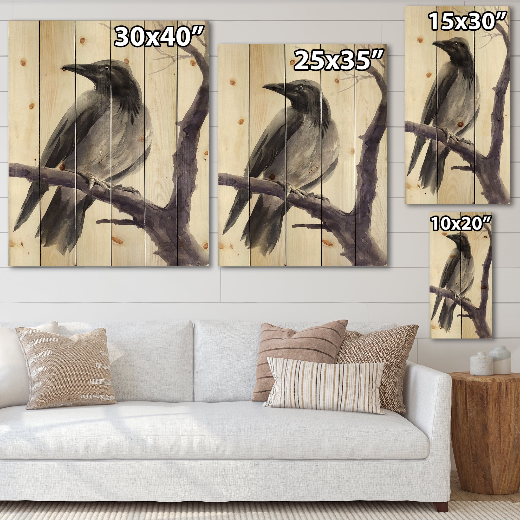 Designart 'Big Crow Sitting On A Branch' Traditional Print on Natural Pine Wood