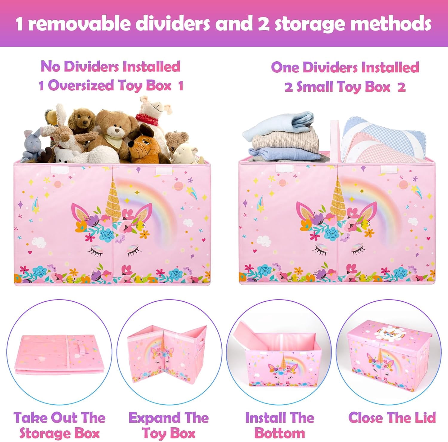 Large Toy Box, Collapsible Sturdy Kids Storage Organizer for Boys Girls, 25"x13"x16" Storage Box with Lids, Toy Chest Bins Basket for Living Room, Playroom, Nursery, Pink