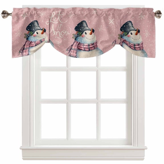 Fsddascl Pink Snowman Christmas Tie Up Valance Curtains for Windows, Kitchen Curtains Window Treatments, Let Snow Xmas Winter Snowflake Short Window Shades Valances for Bedroom Bathroom Cafe 54"x18"
