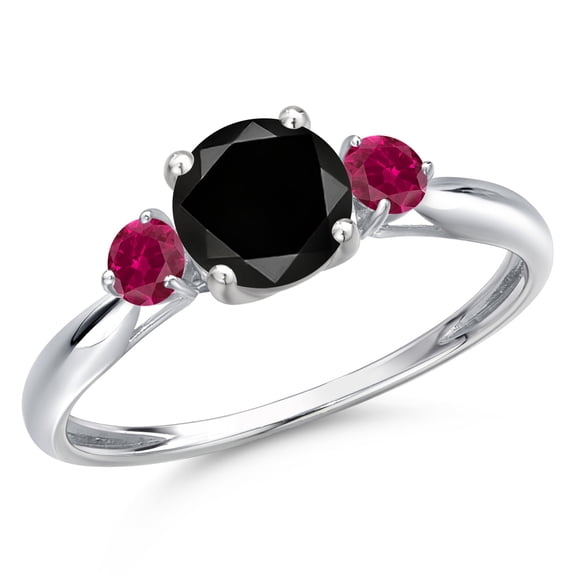 Gem Stone King 10K White Gold Black Diamond and Red Created Ruby 3-Stone Ring for Women | 1.33 Cttw | Round 6MM | Gemstone April Birthstone | Size 8