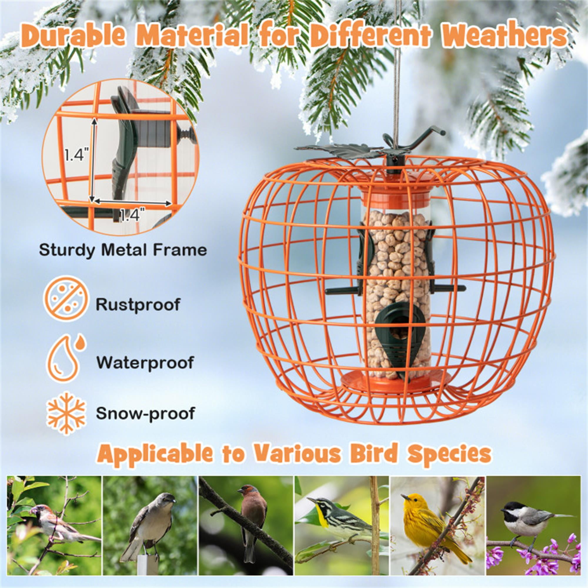 Kadyn 16" Metal Hanging Bird Feeder with Cage and 4 Metal Ports, Squirrel-proof Wild Bird Feeder for Outdoors, Orange