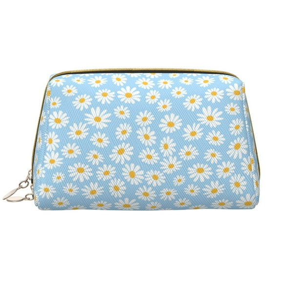 Easygdp Floral Daisy Leather Makeup Bag Zipper Pouch Travel Cosmetic Organizer for Women and Girls, Make up Bag with Zipper
