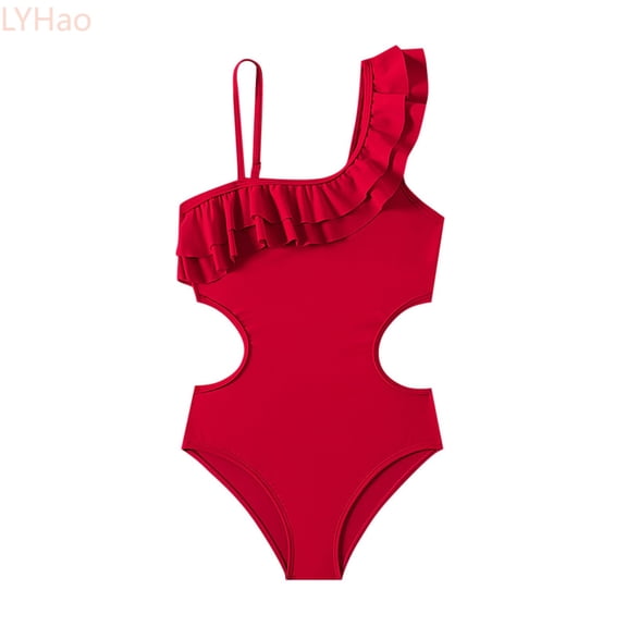 LYHao Kids Girls Swimsuits One Shoulder Ruffle Swimwear Solid Bathing Suit,One-Piece Bathing Suit 9-10 Years Red