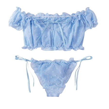 

dtydtpe bras for women cute women embroidery lace bowknot off-shouder lingerie set sleepwear pajamas blue