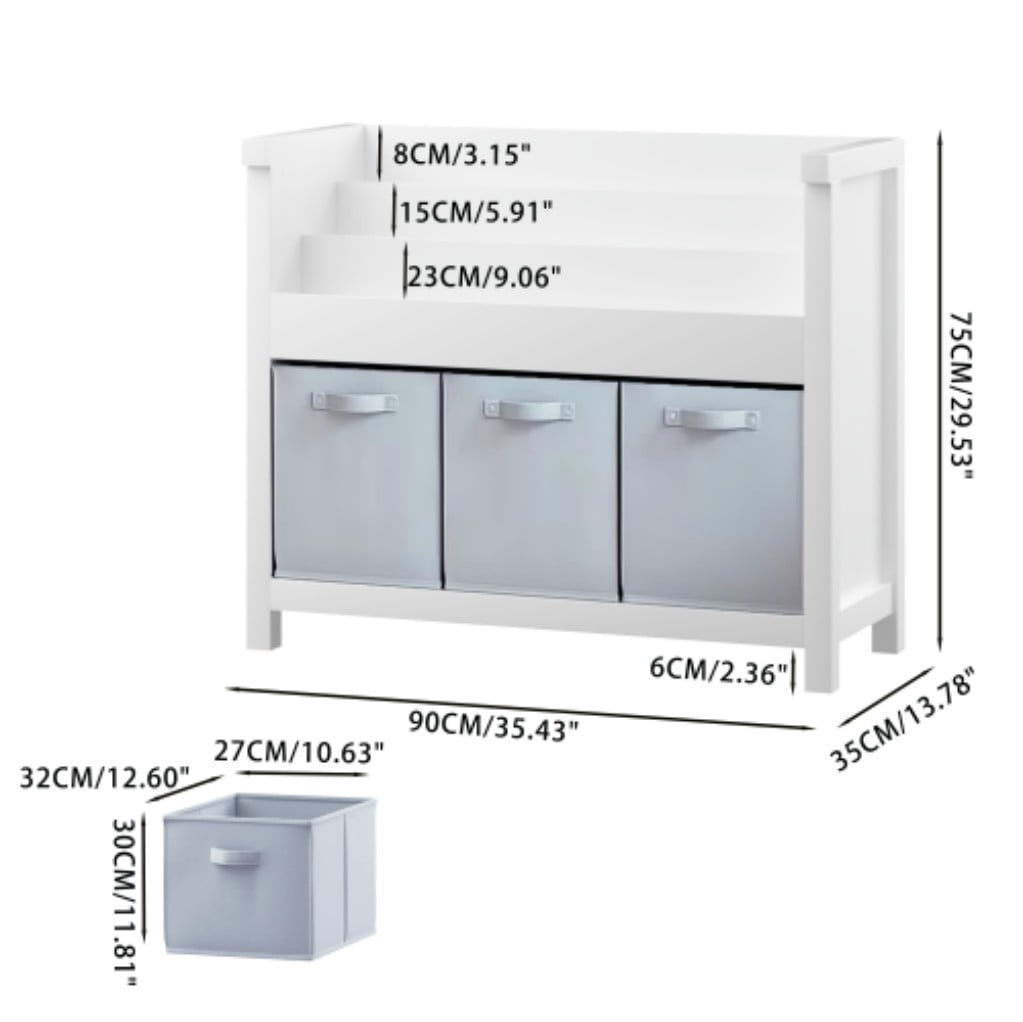 Kids Bookshelf with 3 Tier Front-Facing Storage & 3 Fabric Bins, Wooden Toddler Bookcase and Toy Organizer for Playroom, Nursery, Bedroom & Classroom