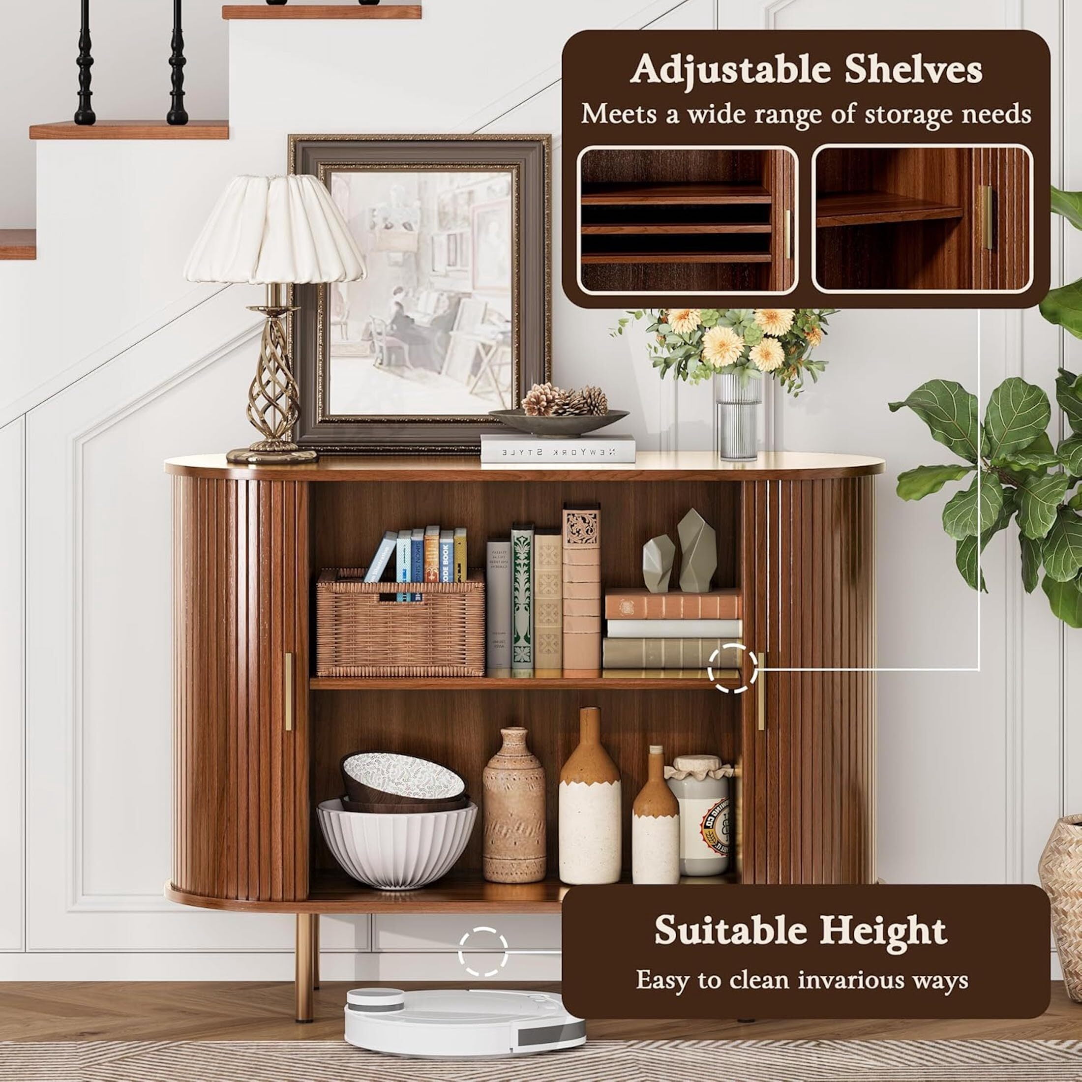 Aisword Sideboard Buffet Cabinet with Storage,Mid Century Modern Fluted Accent Coffee Bar Console Table,Tambour Sliding Doors& Adjustable Shelf for Kitchen, Living Room, Entryway, 40 Inch Walnut
