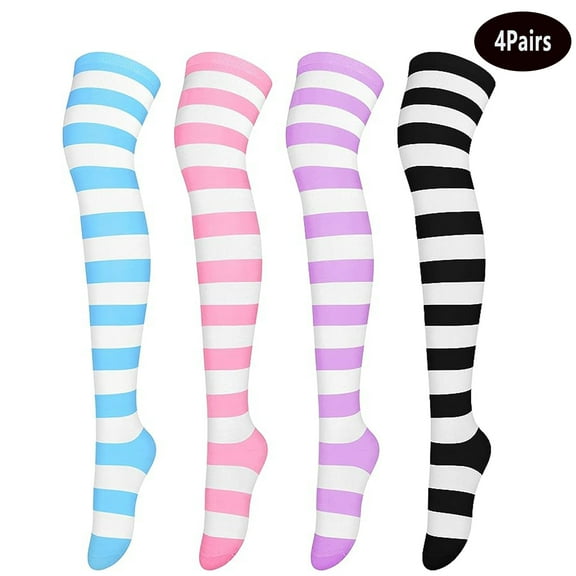 4 Pairs Over Knee High Socks Colourful Stripe Socks Thigh High Socks Cosplay Accessories for Woman Girls