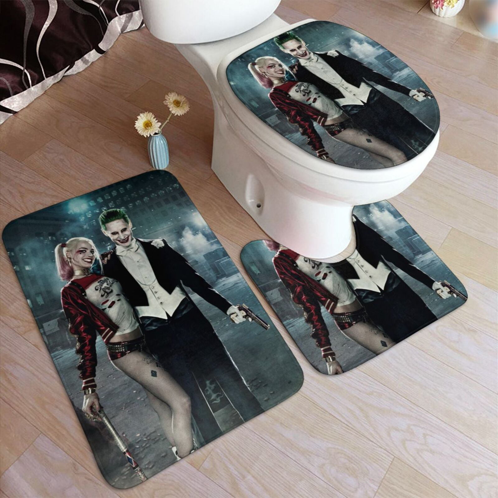 The Joker 4PCS Bathroom Rugs Set Shower Curtain Anti-Slip Toilet Lid Mat Cover 