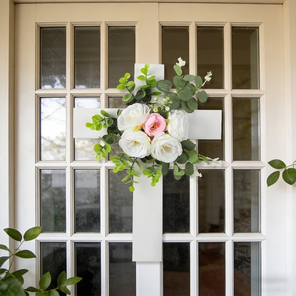 Easter Cross Artificial Flower Wreath Religious Front Door Decoration Spring Home Festive Ornament - 15.75×11.81in