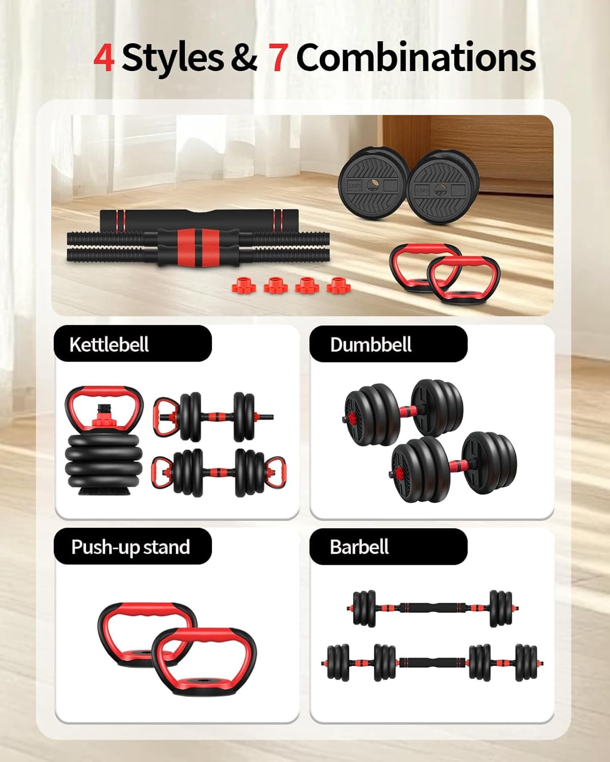 Adjustable Dumbbells Set 30lbs with Connector Barbell Kettlebell Push- Stand Home Gym Fitness Equipment for Men Women