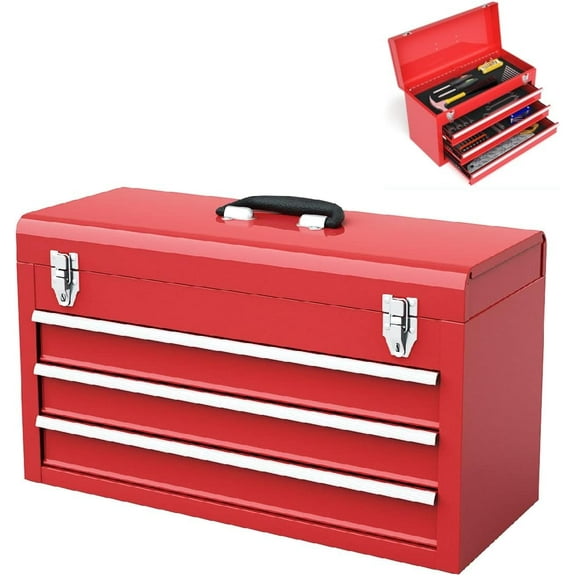 YSNW 21-inche Tool Box, Portable 3 Drawer Steel Toolbox with Top Storage Tray & Carrying Handle, Double Latch System, Tool Storage Chest Hand Carry Tool Cases for Garage Trunk Household, Red