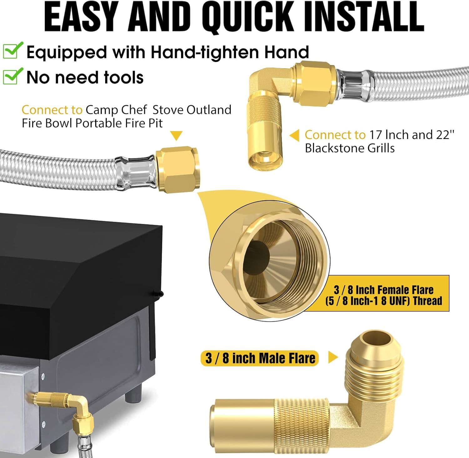 36 FT Quick Connect Propane Hose for RV to Gas Grill, RV Quick Connect with 1/4" Safety Shutoff Valve, LP Quick Disconnect Propane Hose with Elbow Adapter for Blackstone 17"/22" Griddle