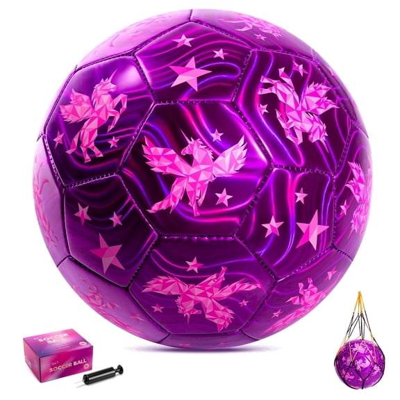 PLAYZAP Size 3 Soccer Ball with Pump, Kids Soccer Ball for Girls Boys 3-8 Years Old - Purple Unicorn