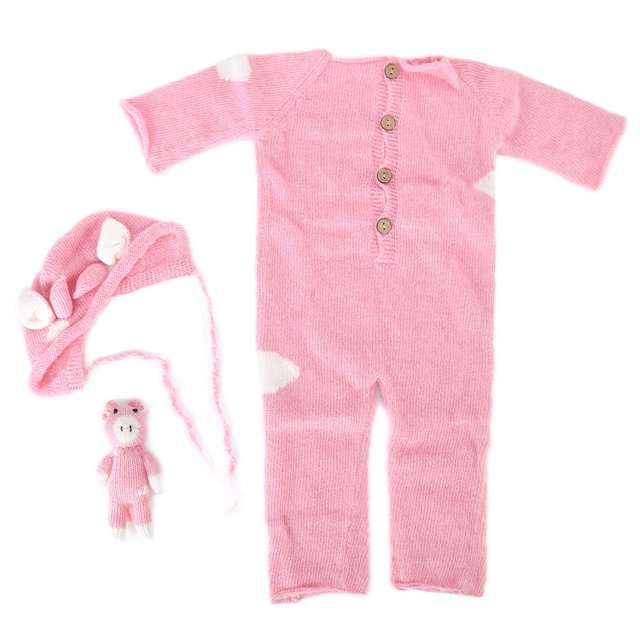 Traje de fotografía para recién nacido, mono de punto suave, sombrero, juguete, accesorios para sesión de fotos, conjunto para bebé