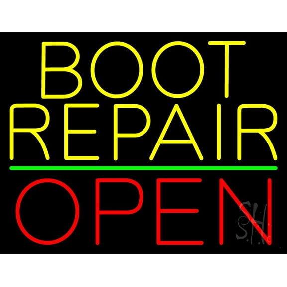 Yellow Boot Repair Open LED Neon Sign 24 x 31 - inches, Black Square Cut Acrylic Backing, with Dimmer - Bright and Premium built indoor LED Neon Sign for store interior Décor, Storefront.