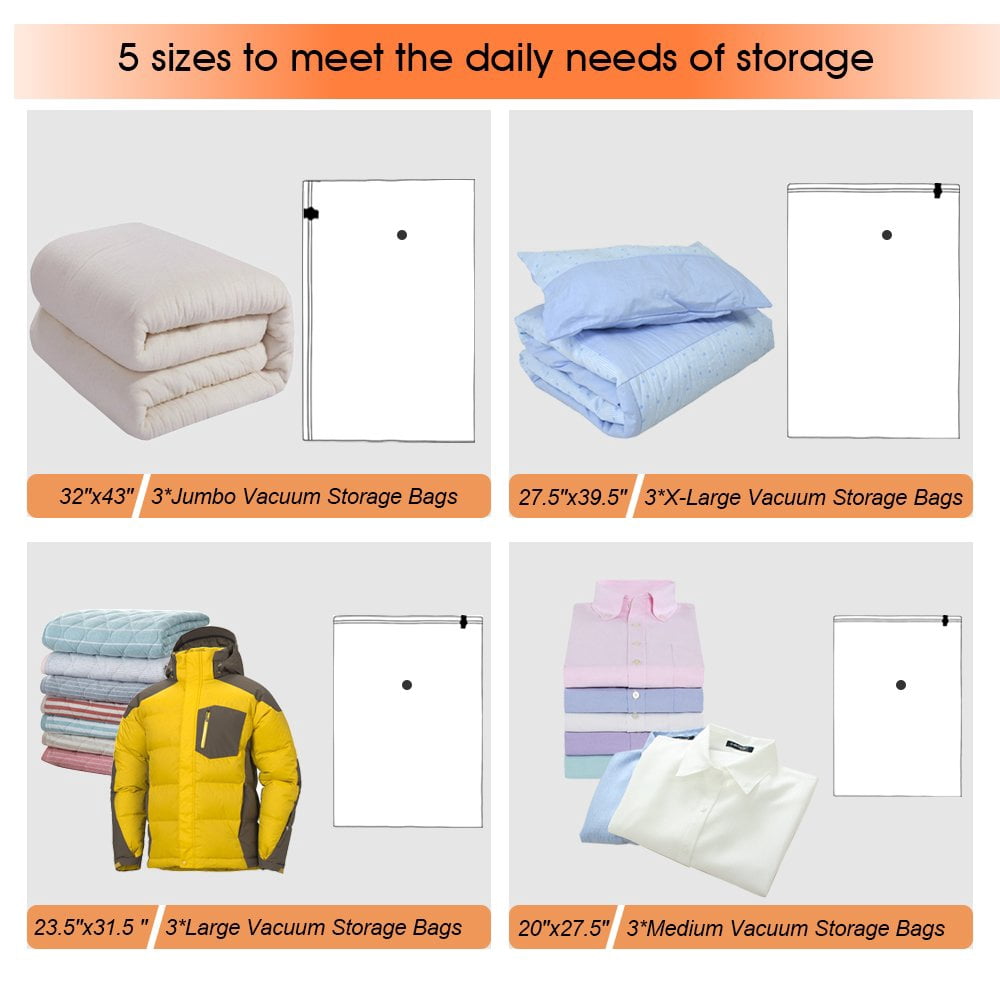 NEX Vacuum Storage Bags 15 pack Space Saving Packing Luggage Bags Reusable Compression Bags, Free Hand Pump Included (NX-A018)