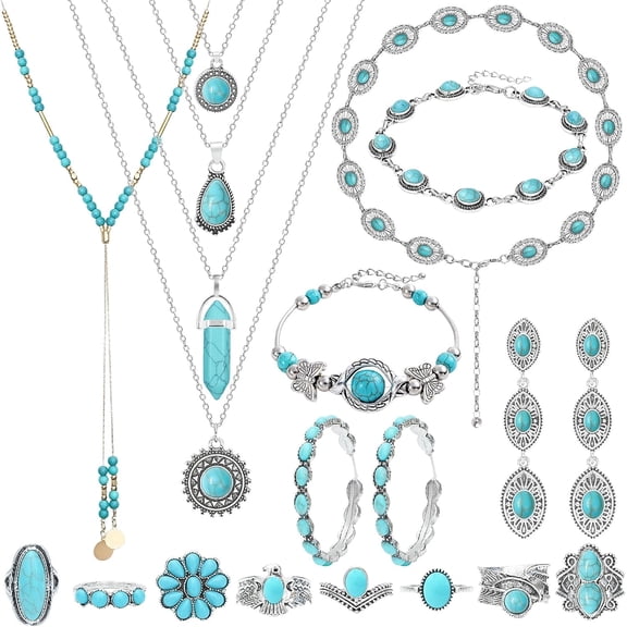 20 Pieces Silver Turquoise Jewelry Set for Women, Fashion Western Jewelry Set for Party Concert Birthday Festival