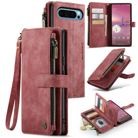 CaseMe Case for Google Pixel 9 Pro XL Wallet Case for Women Men, Fashion Durable PU Leather Magnetic Flip Lanyard Strap Wristlet Zipper Card Holder Wallet Phone Case for Google Pixel 9 Pro XL 6.8"