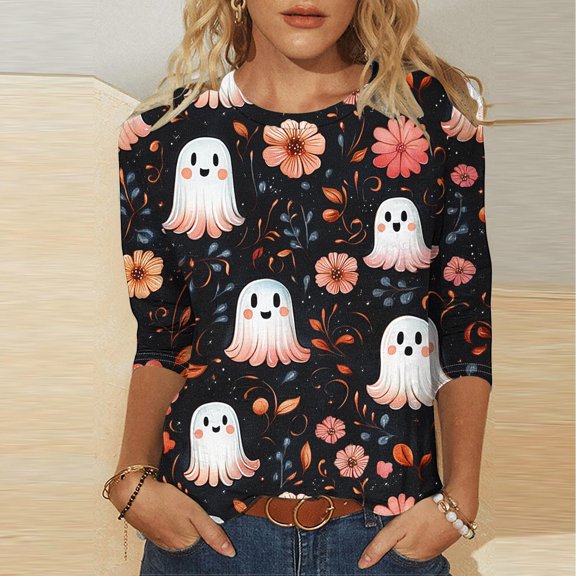 Yxbdin Halloween Shirts for Women Funny Ghost Floral Print Plus Size Tops Casual 3/4 Sleeve Oversized Tshirts Classic Crew Neck Fall Shirts