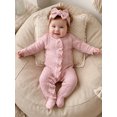 thumbnail image 4 of RUINIXCW Newborn Baby Girl Spring Fall Winter Clothes Outfit Knitted Footed Romper Long Sleeve Crew Neck Frills Zipped Footie Jumpsuit and Headband, 4 of 9