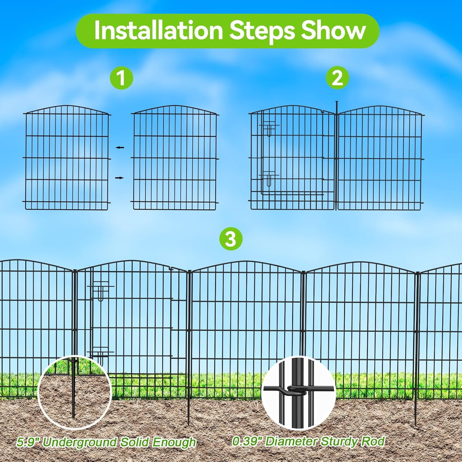 Decorative Garden Fence 6 Panels 11.8ft Temporary Dog Fence No- Animal Barrier with Gate Rustproof Metal Wire for Yard  Outdoor