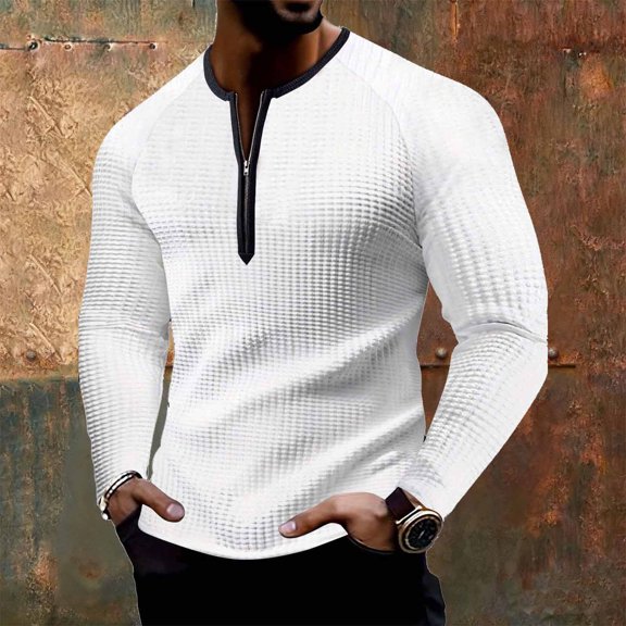Men's Henley Shirts Waffle Patchwork Tee Long Sleeve Lightweight V Neck Casual Button T-Shirt Basic Tee White XXXL