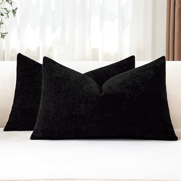 Eryueer Set of 2 Cushion Covers 30x50 cm Soft Chenille Black Decorative Throw Pillow Covers 12x20 Inch Lumbar Cushion Case Solid Pillowcases for Couch Sofa Living Room Bed Home Decor (Black)