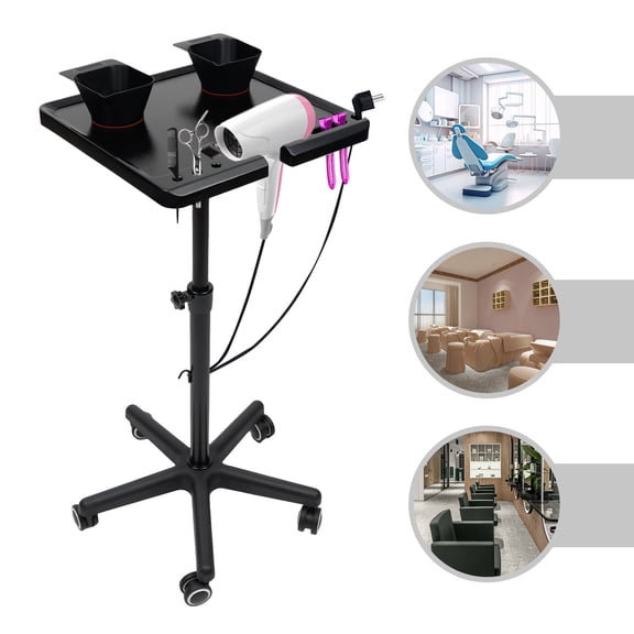 Height Adjustable Salon Rolling Trolley Cart On Wheels Hair Stylist Instrument Tray Spa Equipment Tray Black