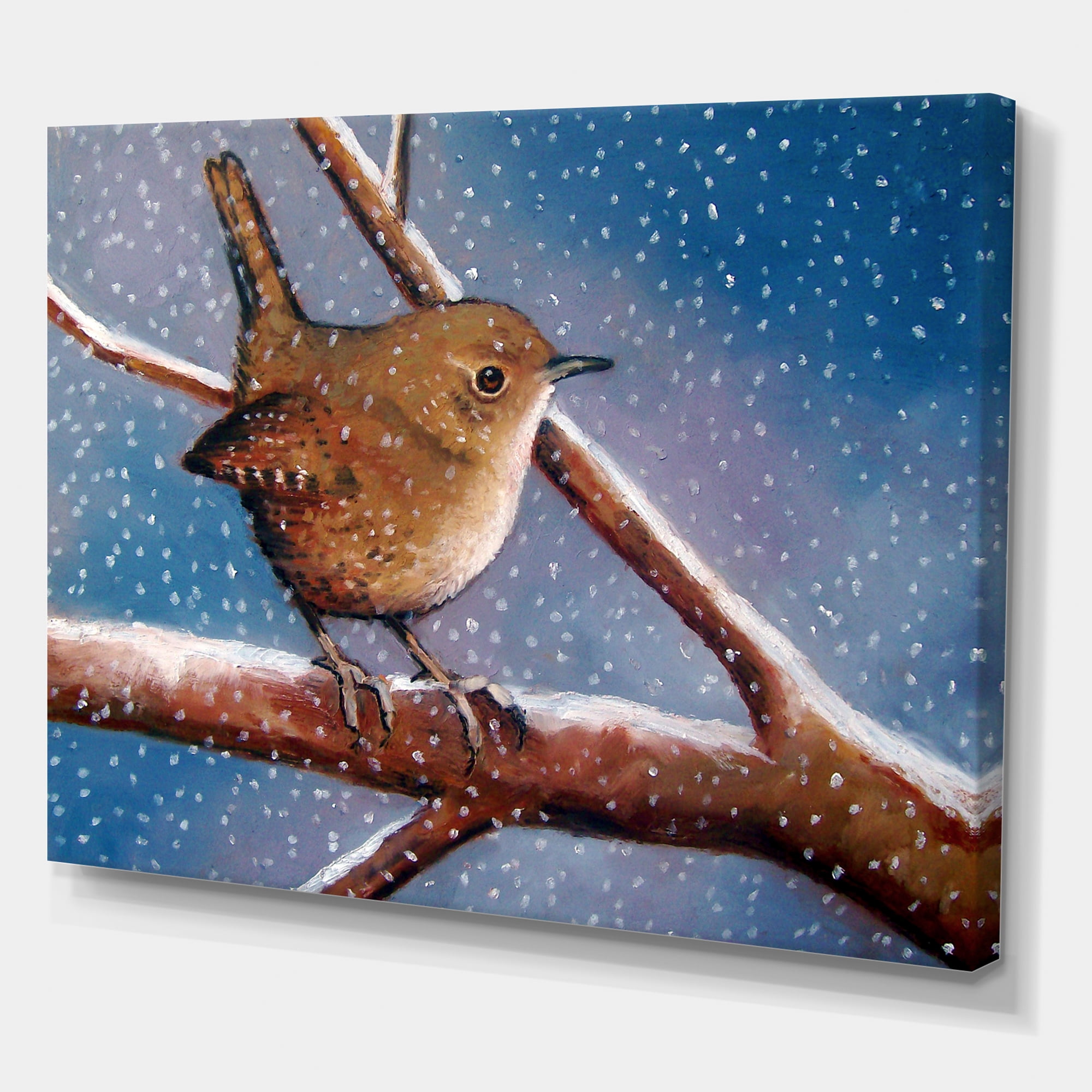 Designart ' Wren Bird On Branch In Winter ' Farmhouse Canvas Wall Art Print