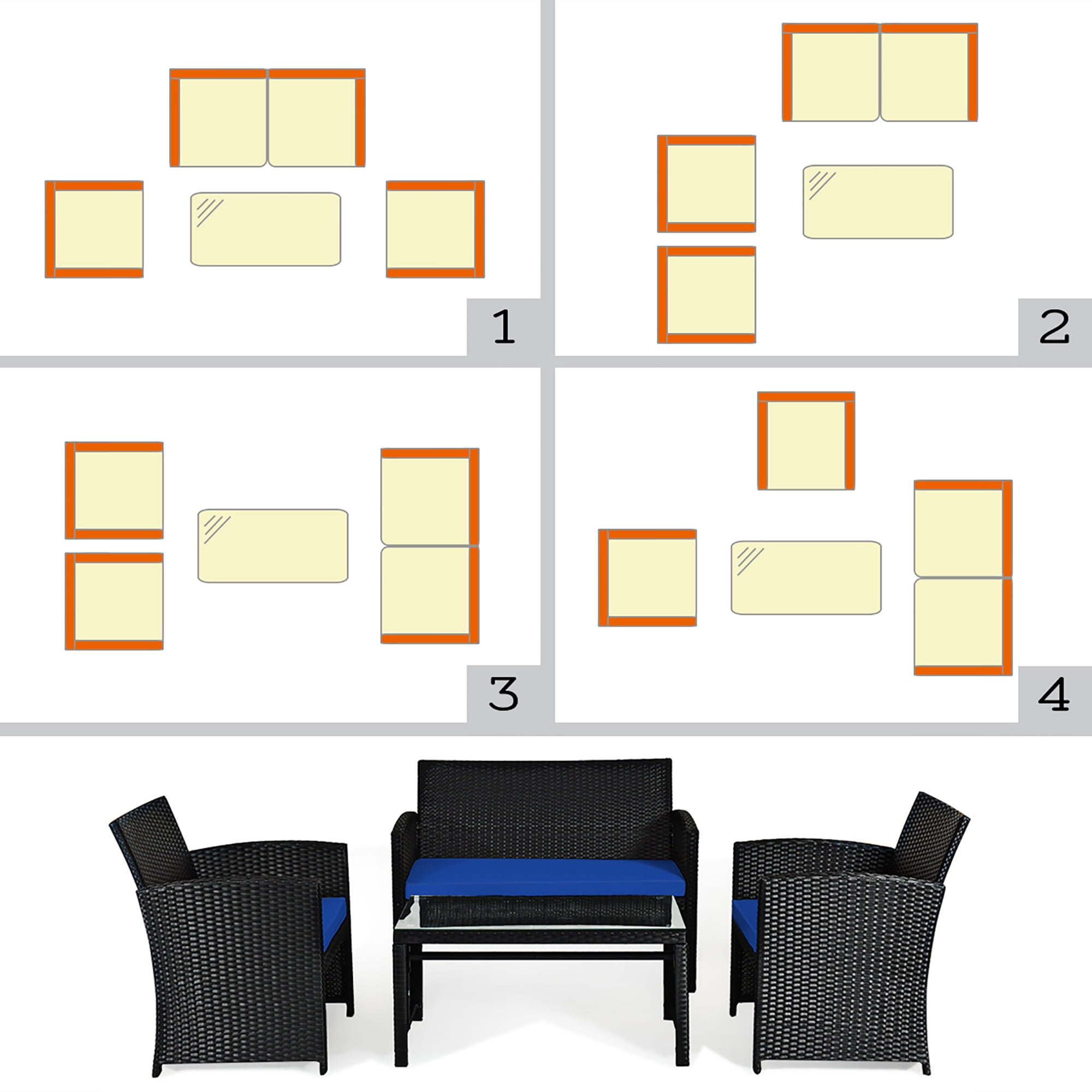 Costway 8PCS Patio Rattan Furniture Conversation Set Cushion Sofa Table Garden Navy