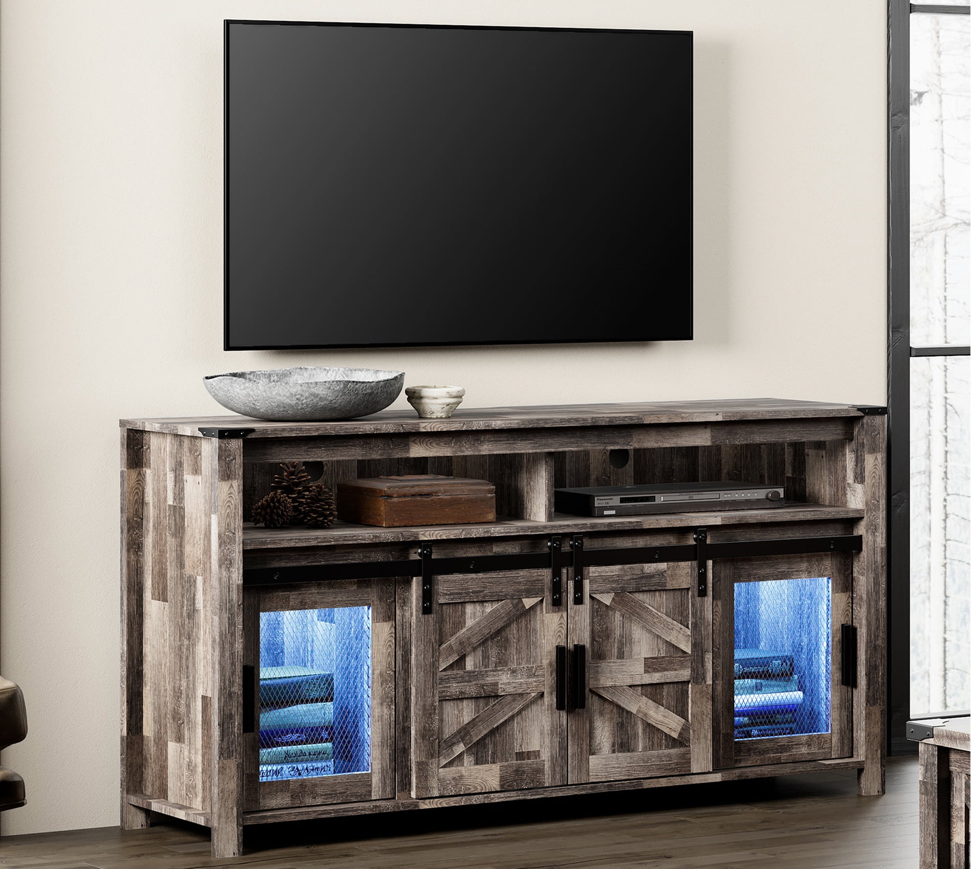 WAMPAT Farmhouse TV Stand for 65 Inch Flat Screen, Rustic Brown Entertainment Center with Blue LED Lights Strips